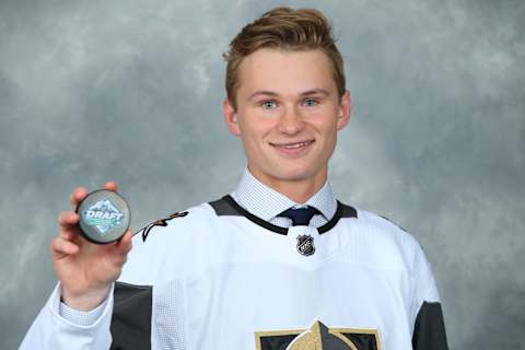 VANCOUVER, BRITISH COLUMBIA – JUNE 22: Kaedan Korczak, 41st overall pick of the Vegas Golden Knights, poses for a portrait during Rounds 2-7 of the 2019 NHL Draft at Rogers Arena on June 22, 2019 in Vancouver, Canada. (Photo by Andre Ringuette/NHLI via Getty Images)