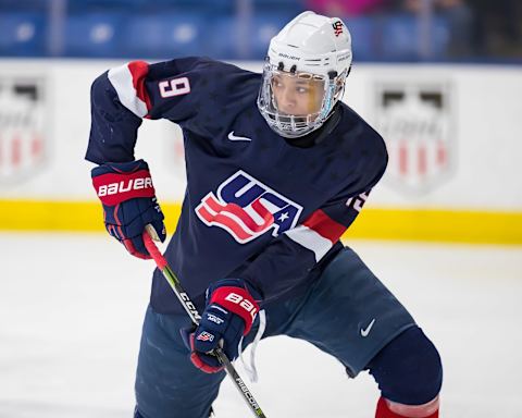 PLYMOUTH, MI – FEBRUARY 14: K’Andre Miller #19 of the USA Nationals skates up ice against the Czech Nationals during the 2018 Under-18 Five Nations Tournament game at USA Hockey Arena on February 14, 2018 in Plymouth, Michigan. The Czech Republic defeated the USA Nationals 6-2. (Photo by Dave Reginek/Getty Images)*** Local Caption *** K’Andre Miller