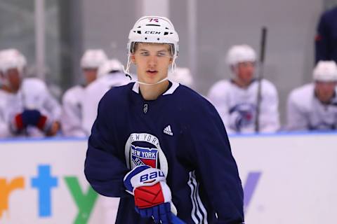 NEW YORK, NY – JUNE 29: New York Rangers Right Wing Vitali Kravtsov (74) skates during the New York Rangers Prospect Development Camp on June 29, 2018 at the MSG Training Center in New York, NY. (Photo by Rich Graessle/Icon Sportswire via Getty Images)