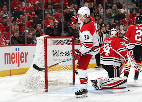 CHICAGO, IL – MARCH 08: Sebastian Aho #20 of the Carolina Hurricanes reacts after scoring against the Chicago Blackhawks in the third period at the United Center on March 8, 2018 in Chicago, Illinois. (Photo by Chase Agnello-Dean/NHLI via Getty Images)