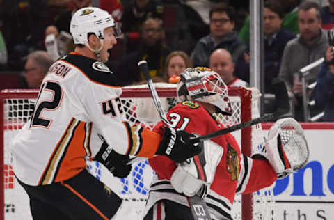 CHICAGO, IL – FEBRUARY 15: Anaheim Ducks defenseman Josh Manson (42) celebrates his team’s goal during a game between the Chicago Blackhawks and the Anaheim Ducks on February 15, 2018. (Photo by Patrick Gorski/Icon Sportswire via Getty Images)