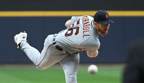 Apr 25, 2023; Milwaukee, Wisconsin, USA; Detroit Tigers starting pitcher Spencer Turnbull (56) delivers a pitch against the Milwaukee Brewers in the first inning at American Family Field. Mandatory Credit: Michael McLoone-USA TODAY Sports