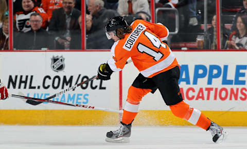 PHILADELPHIA, PA – FEBRUARY 27: Sean Coutrier #14 of the Philadelphia Flyers takes a slapshot against the Washington Capitals on February 27, 2013 at the Wells Fargo Center in Philadelphia, Pennsylvania. (Photo by Len Redkoles/NHLI via Getty Images)