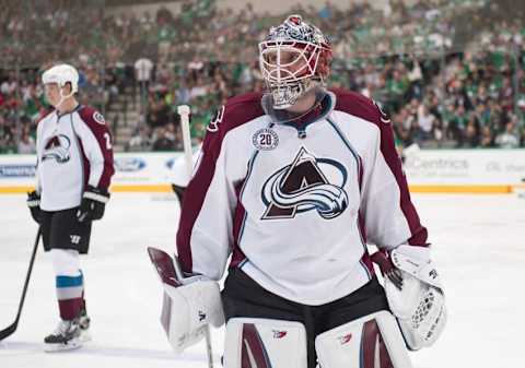 Apr 7, 2016; Dallas, TX, USA; Colorado Avalanche goalie Calvin Pickard (31) looks on from the ice against the Dallas Stars during the third period at the American Airlines Center. The Stars won 4-2. Mandatory Credit: Jerome Miron-USA TODAY Sports