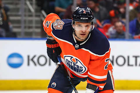 EDMONTON, AB – FEBRUARY 19: Edmonton Oilers Defenceman Andrej Sekera (2) lines up for a face off in the second period during the Edmonton Oilers game versus the Arizona Coyotes on February 19, 2019 at Rogers Place in Edmonton, AB. (Photo by Curtis Comeau/Icon Sportswire via Getty Images)