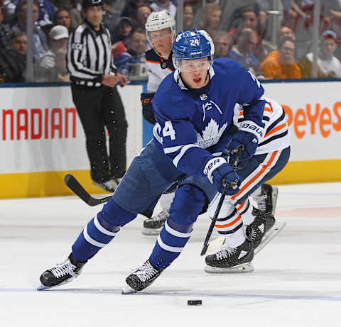 TORONTO, ON – FEBRUARY 27: Kasperi Kapanen #24 of the Toronto Maple Leafs skates with the puck against the Edmonton Oilers during an NHL game at Scotiabank Arena on February 27, 2019 in Toronto, Ontario, Canada. The Maple Leafs defeated the Oilers 6-2. (Photo by Claus Andersen/Getty Images)