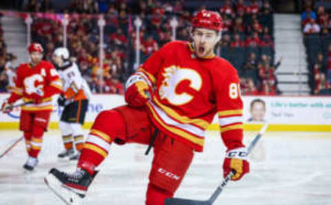 Apr 2, 2023; Calgary, Alberta, CAN; Calgary Flames left wing Andrew Mangiapane (88) celebrates his goal against the Anaheim Ducks during the second period at Scotiabank Saddledome. Mandatory Credit: Sergei Belski-USA TODAY Sports