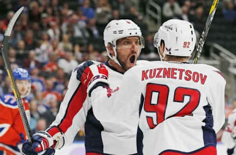 Oct 26, 2016; Edmonton, Alberta, CAN; Washington Capitals forward Alex Ovechkin (8) celebrates a third period gaol against the Edmonton Oilers at Rogers Place. Mandatory Credit: Perry Nelson-USA TODAY Sports