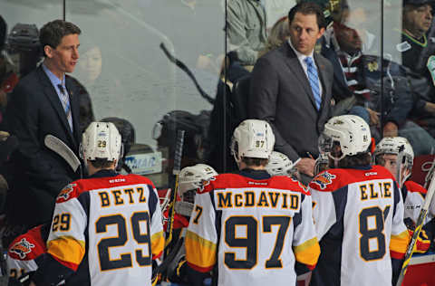 LONDON, ON - APRIL 14: Head coach Kris Knoblauch of the Erie Otters talks to his team during a timeout against the London Knights in Game Four of the OHL Western Conference Semi-final at Budweiser Gardens on April 14, 2015 in London, Ontario, Canada. The Otters defeated the Knights 5-2 to win the series 4-0. (Photo by Claus Andersen/Getty Images)