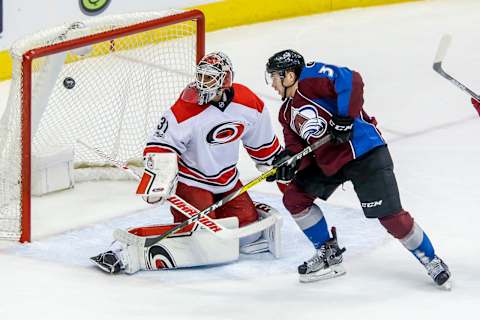 DENVER, CO – MARCH 07: Carolina Hurricanes Goalie Eddie Lack (31) watches puck sail past the goal during the Carolina Hurricanes and Colorado Avalanche NHL game on March 7, 2017, at Pepsi Center in Denver, CO. (Photo by John Crouch/Icon Sportswire via Getty Images)