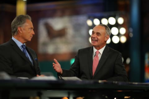 SECAUCUS, NJ – JUNE 4: Major League Baseball Commissioner Robert D. Manfred Jr. talks to the draft panel during the 2018 Major League Baseball Draft at Studio 42 at the MLB Network on Monday, June 4, 2018, in Secaucus, New Jersey. (Photo by Alex Trautwig/MLB Photos via Getty Images)