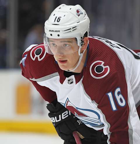 Nikita Zadorov #16 of the Colorado Avalanche waits for a faceoff against the Toronto Maple Leafs (Photo by Claus Andersen/Getty Images)