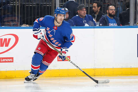 NEW YORK, NY – FEBRUARY 05: Chris Kreider #20 of the New York Rangers skates against the Toronto Maple Leafs at Madison Square Garden on February 5, 2020 in New York City. (Photo by Jared Silber/NHLI via Getty Images)