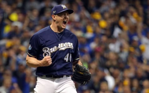 MILWAUKEE, WI – OCTOBER 12: Corey Knebel #46 of the Milwaukee Brewers celebrates after the final out of Game 1 of the NLCS against the Los Angeles Dodgers at Miller Park on Friday, October 12, 2018 in Milwaukee, Wisconsin. The Brewers beat the Dodgers 6-5. (Photo by Alex Trautwig/MLB Photos via Getty Images)