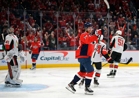 WASHINGTON, DC- JANUARY 7: Washington Capitals center Lars Eller (20) celebrates his 3rd period goal against Ottawa Senators goaltender Craig Anderson (41), left, during the Washington Capitals defeat of the Ottawa Senators 6-1 in Washington, DC on January 7, 2020 . (Photo by John McDonnell/The Washington Post via Getty Images)