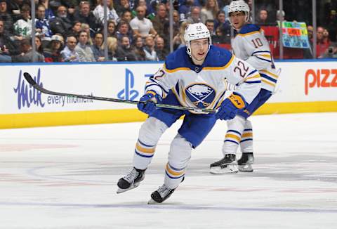 TORONTO, CANADA – MARCH 13: Jack Quinn #22 of the Buffalo Sabres skates against the Toronto Maple Leafs during an NHL game at Scotiabank Arena on March 13, 2023 in Toronto, Ontario, Canada. The Sabres defeated the Maple Leafs 4-3. (Photo by Claus Andersen/Getty Images)