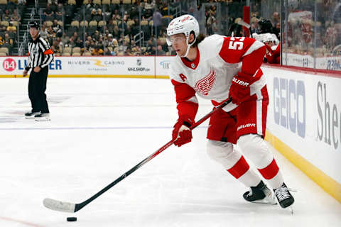 Oct 4, 2023; Pittsburgh, Pennsylvania, USA; Detroit Red Wings Detroit Red Wings defenseman Moritz Seider (53)   Credit: Charles LeClaire-USA TODAY Sports