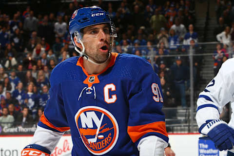 NEW YORK, NY – MARCH 30: John Tavares #91 of the New York Islanders reacts against the Toronto Maple Leafs at Barclays Center on March 30, 2018 in New York City. Toronto Maple Leafs defeated the New York Islanders 4-3 (Photo by Mike Stobe/NHLI via Getty Images)