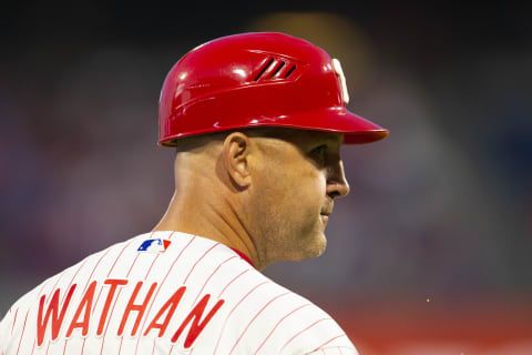 PHILADELPHIA, PA – AUGUST 26: Thrid base coach Dusty Wathan #62 of the Philadelphia Phillies looks on against the Pittsburgh Pirates at Citizens Bank Park on August 26, 2019 in Philadelphia, Pennsylvania. (Photo by Mitchell Leff/Getty Images)