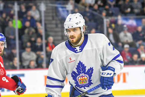 LAVAL, QC, CANADA – MARCH 6: Close-up of Timothy Liljegren #7 of the Toronto Marlies. (Photo by Stephane Dube /Getty Images)