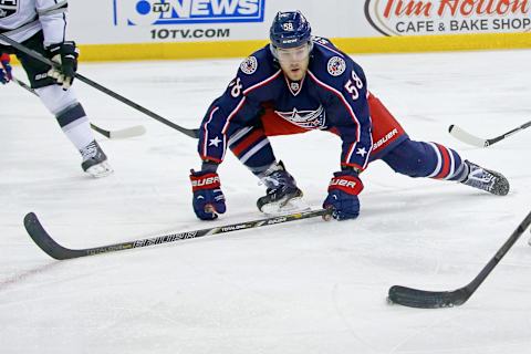 COLUMBUS, OH – JANUARY 21: David Savard #58 of the Columbus Blue Jackets attempts to block a shot during the game against the Los Angeles Kings on January 21, 2014 at Nationwide Arena in Columbus, Ohio. (Photo by Kirk Irwin/Getty Images)