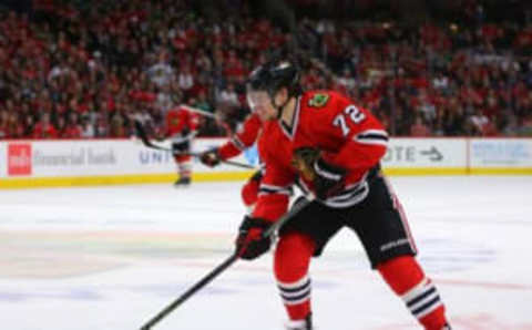 Mar 6, 2016; Chicago, IL, USA; Chicago Blackhawks left wing Artemi Panarin (72) with the puck during the first period against the Detroit Red Wings at the United Center. Mandatory Credit: Dennis Wierzbicki-USA TODAY Sports