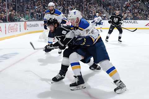 LOS ANGELES, CA – MARCH 7: Drew Doughty #8 of the Los Angeles Kings and Vince Dunn #29 of the St. Louis Blues race for the puck during the second period of the game at STAPLES Center on March 7, 2019 in Los Angeles, California. (Photo by Adam Pantozzi/NHLI via Getty Images)