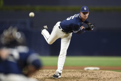 SAN DIEGO, CA – SEPTEMBER 30: Michhel Baez #45 of the San Diego Padres Minor Leagues pitches in the Padres On Deck game against the Texas Ranges at PETCO Park on September 30, 2017 in San Diego, California. (Photo by Andy Hayt/San Diego Padres/Getty Images)