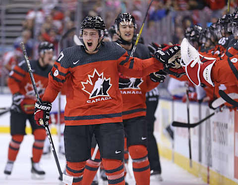 TORONTO, ON – DECEMBER 26: Tyson Jost #17 of Team Canada celebrates a goal against Team Russia during a game at the the 2017 IIHF World Junior Hockey Championships at the Air Canada Centre on December 26, 2016 in Toronto, Ontario, Canada. Team Canada defeated Team Russia 5-3.(Photo by Claus Andersen/Getty Images)