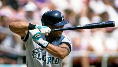 PITTSBURGH, PA – CIRCA 1993: Gary Sheffield of the Florida Marlins bats against the Pittsburgh Pirates during a game at Three Rivers Stadium circa 1993 in Pittsburgh, Pennsylvania. (Photo by George Gojkovich/Getty Images)