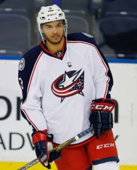 Feb 2, 2016; Edmonton, Alberta, CAN; Columbus Blue Jackets defensemen Seth Jones (3) skates against the Edmonton Oilers at Rexall Place. Mandatory Credit: Perry Nelson-USA TODAY Sports