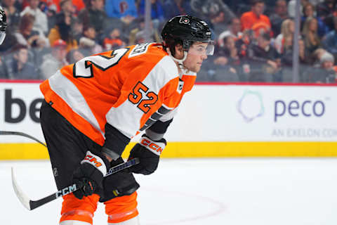 Flyers rookie Tyson Foerster looks on against the Detroit Red Wings. (Photo by Mitchell Leff/Getty Images)