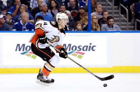 Nov 21, 2015; Tampa, FL, USA;Anaheim Ducks defenseman Cam Fowler (4) skates with the puck against the Tampa Bay Lightning during the second period at Amalie Arena. Mandatory Credit: Kim Klement-USA TODAY Sports