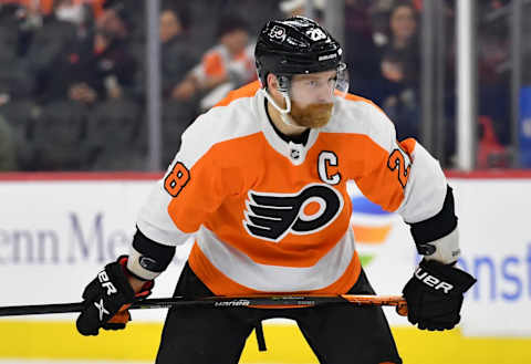 Nov 10, 2021; Philadelphia, Pennsylvania, USA; Philadelphia Flyers center Claude Giroux (28) against the Toronto Maple Leafs at Wells Fargo Center. Mandatory Credit: Eric Hartline-USA TODAY Sports