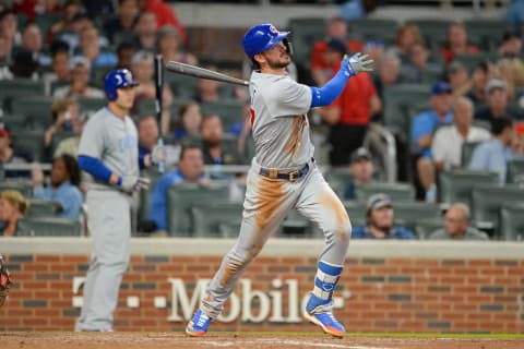 ATLANTA, GA MAY 15: Cubs third baseman Kris Bryant (17) hits a deep fly ball during the game between Atlanta and Chicago on May 15th, 2018 at SunTrust Park in Atlanta, GA. The Chicago Cubs defeated the Atlanta Braves by a score of 3 -2. (Photo by Rich von Biberstein/Icon Sportswire via Getty Images)