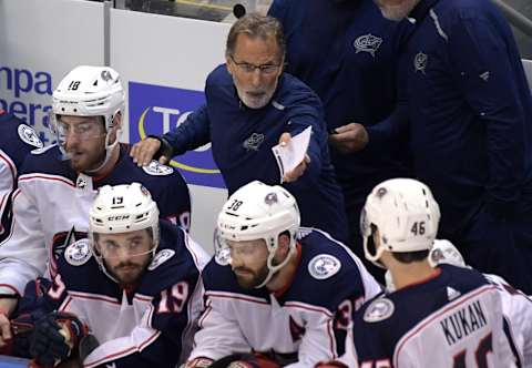 Aug 11, 2020; Toronto, Ontario, CAN; Columbus Blue Jackets head coach John Tortorella gesturea as he speaks to his players in game one of the first round of the 2020 Stanley Cup Playoffs against Tampa Bay LIghtning at Scotiabank Arena. Mandatory Credit: Dan Hamilton-USA TODAY Sports