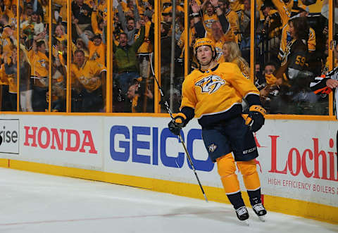 NASHVILLE, TN – APRIL 12: Filip Forsberg #9 of the Nashville Predators reacts after scoring a goal against the Colorado Avalanche during the third period of a 5-2 Predators victory in Game One of the Western Conference First Round during the 2018 NHL Stanley Cup Playoffs at Bridgestone Arena on April 12, 2018 in Nashville, Tennessee. (Photo by Frederick Breedon/Getty Images)