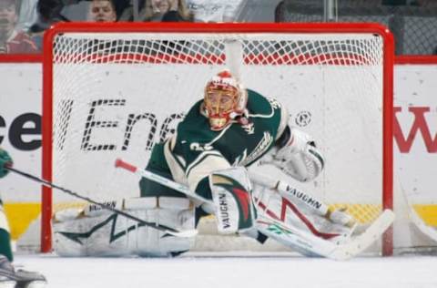 SAINT PAUL, MN – FEBRUARY 6: Anton Khudobin #35 of the Minnesota Wild defends his goal against the Philadelphia Flyers during the game at the Xcel Energy Center on February 6, 2010 in Saint Paul, Minnesota. (Photo by Bruce Kluckhohn/NHLI via Getty Images)