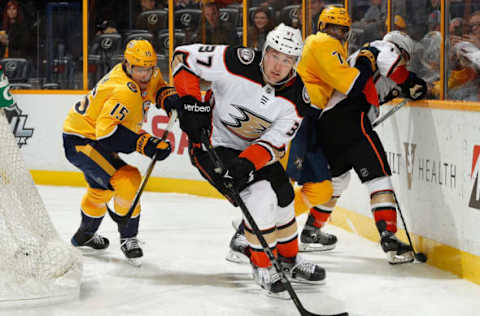 NASHVILLE, TN – MARCH 8: Nick Ritchie #37 of the Anaheim Ducks skates against the Nashville Predators during an NHL game at Bridgestone Arena on March 8, 2018, in Nashville, Tennessee. (Photo by John Russell/NHLI via Getty Images)