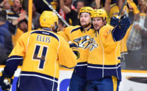 Nashville Predators left wing Filip Forsberg (9) celebrates with defenseman Roman Josi (59) and defenseman Ryan Ellis (4) (Christopher Hanewinckel-USA TODAY Sports)