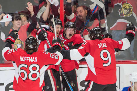 Apr 29, 2017; Ottawa, Ontario, CAN; Ottawa Senators center Jean-Gabriel Pageau (44) celebrates his third goal scored in the third period of game two in the second round of the 2017 Stanley Cup Playoffs against the New York Rangers at Canadian Tire Centre. Mandatory Credit: Marc DesRosiers-USA TODAY Sports