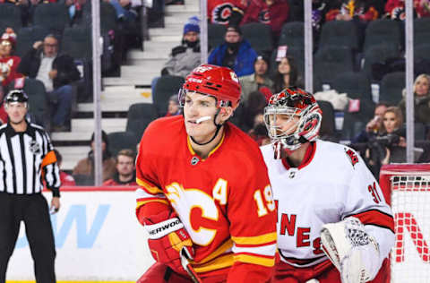 CALGARY, AB – DECEMBER 9: Matthew Tkachuk #19 of the Calgary Flames in action against the Carolina Hurricanes during an NHL game at Scotiabank Saddledome on December 9, 2021, in Calgary, Alberta, Canada. (Photo by Derek Leung/Getty Images)