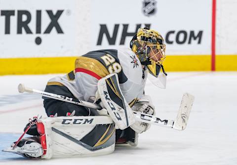 SAN JOSE, CA – APRIL 23: Vegas Golden Knights goaltender Marc-Andre Fleury (29) stretches before the beginning of the second period of Game 7, Round 1 between the Vegas Golden Knights and the San Jose Sharks on Tuesday, April 23, 2019 at the SAP Center in San Jose, California. (Photo by Douglas Stringer/Icon Sportswire via Getty Images)