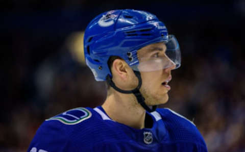 VANCOUVER, BC – MARCH 15: Vancouver Canucks Defenseman Ashton Sautner (29) waits for a face-off during their NHL game against the New Jersey Devils at Rogers Arena on March 15, 2019 in Vancouver, British Columbia, Canada. New Jersey won 3-2 in a shootout. (Photo by Derek Cain/Icon Sportswire via Getty Images)