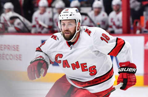 MONTREAL, QC – OCTOBER 21: Derek Stepan #18 of the Carolina Hurricanes skates against the Montreal Canadiens during the second period at Centre Bell on October 21, 2021, in Montreal, Canada. The Carolina Hurricanes defeated the Montreal Canadiens 4-1. (Photo by Minas Panagiotakis/Getty Images)