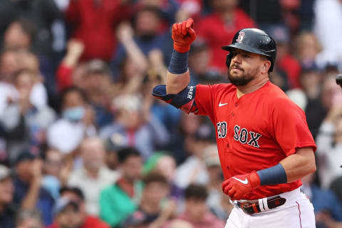 BOSTON, MASSACHUSETTS – OCTOBER 10: Kyle Schwarber #18 of the Boston Red Sox celebrates his solo homerun in the first inning against the Tampa Bay Rays during Game 3 of the American League Division Series at Fenway Park on October 10, 2021 in Boston, Massachusetts. (Photo by Maddie Meyer/Getty Images)