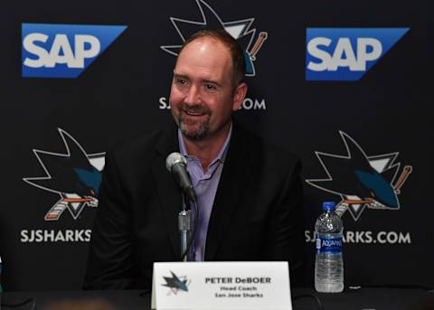 SAN JOSE, CA – SEPTEMBER 19: Head coach Peter DeBoer of the San Jose Sharks speaks to the media during a press conference at the Hilton on September 19, 2018 in San Jose, California (Photo by Brandon Magnus/NHLI via Getty Images)