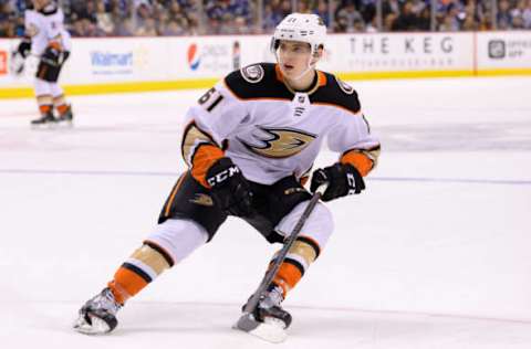 VANCOUVER, BC: Anaheim Ducks Right Wing Troy Terry (61) skates up ice during their NHL game against the Vancouver Canucks on March 27, 2018. (Photo by Derek Cain/Icon Sportswire via Getty Images)