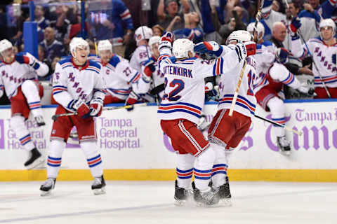 TAMPA, FL – NOVEMBER 02: New York Rangers left wing J.T. Miller (10) celebrates his game-winning overtime goal with New York Rangers defender Kevin Shattenkirk (22) during an NHL game between the New York Rangers and the Tampa Bay Lightning on November 02, 2017 at Amalie Arena in Tampa, FL. The Rangers defeated the Lightning 2-1 in overtime. (Photo by Roy K. Miller/Icon Sportswire via Getty Images)