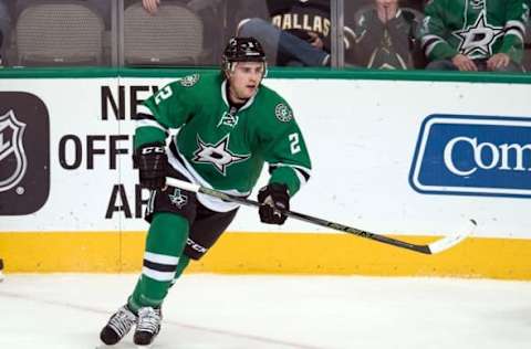 Mar 4, 2016; Dallas, TX, USA; Newly signed Dallas Stars defenseman Kris Russell (2) skates against the New Jersey Devils during the game at the American Airlines Center. The Stars defeat the Devils 3-2. Mandatory Credit: Jerome Miron-USA TODAY Sports